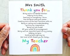 two hands holding up a card that says, mrs smith thank you for helping me to shine