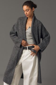 Add a touch of coziness to your close-knit circle with the Pilcro Long Coatigan, a snuggly layer with patch pockets and a relaxed fit. | Long Coatigan by Pilcro in Black, Women's, Size: Medium, Polyester/Wool/Acrylic at Anthropologie Skirt Images, Fall Trends Outfits, Fall Wardrobe Essentials, Cozy Dress, Stylish Winter Outfits, Winter Styles, Cozy Chic, Winter Outfits Women, Fall Wardrobe