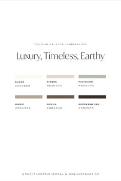 the color scheme for luxury, timelesss, earthy is shown in black and white