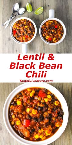 two bowls of lentil and black bean chili