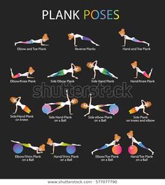 a woman doing various yoga poses on a black background with the words plank poses below