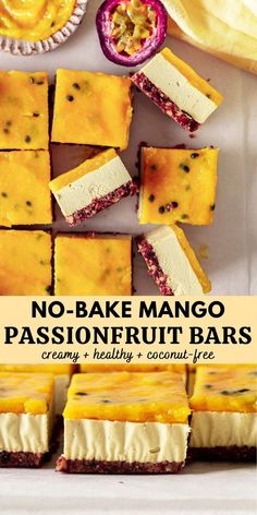 no - bake mango passionfruit bars on a plate with the title above it