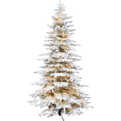 a white christmas tree with lights and snow on the branches in front of a white background