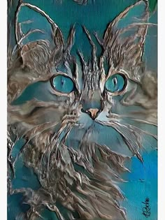 a painting of a cat with blue eyes