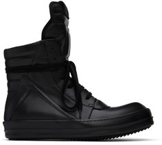 High-top paneled buffed calfskin sneakers in black. · Perforated detailing at round toe · Lace-up closure · Webbing pull-tab at padded tongue · Padded collar · Zip closure at inner side · Treaded rubber sole Supplier color: Black/Black/Black Rick Owens Geobasket, High Top Trainers, Leather High Tops, Trainer Boots, Hi Top, Pull Tab, Rick Owens, Luxury Streetwear, Sneakers Black