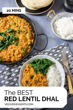 the best red lentil dhal with rice and spinach is ready to be eaten