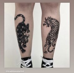 a person with tattoos on their legs has a leopard and a tiger tattoo on his leg