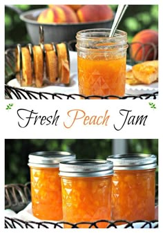 fresh peach jam in mason jars on a table