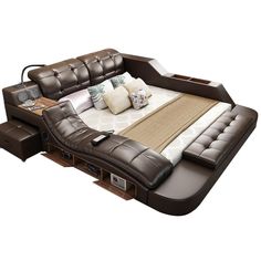 an inflatable bed is shown with pillows on the top and bottom, as well as other furniture