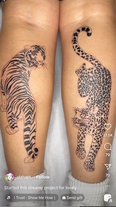 two people with tattoos on their legs and one has a tiger and a leopard tattoo