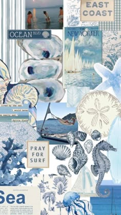 the collage is made up of many different things in blue, white and grey