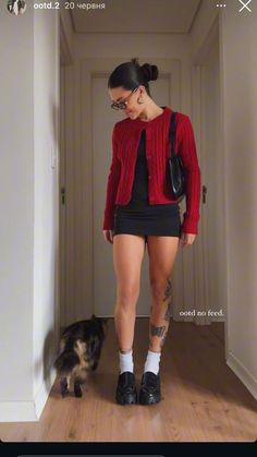 Outfit With Sheer Tights, Brunch Nyc Outfit, Fall Outfit Inspo 2024 Going Out, Winter Outfits Dressy Casual, Outfits With A Pop Of Red, Mini Dress With Tights Outfit, Holiday Outfit Inspo Winter, Santa Inspired Outfit, 90s Holiday Outfit