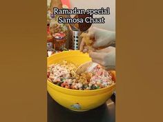 a person scooping food out of a yellow bowl with the words raman special samosa chaat