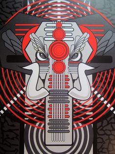 an art work with red and black lines on it's face, surrounded by circles