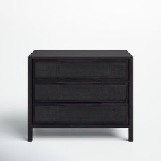 a black nightstand with two drawers on one side and an open drawer on the other