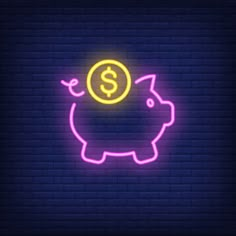 a neon sign with a piggy bank in the center on a brick wall background