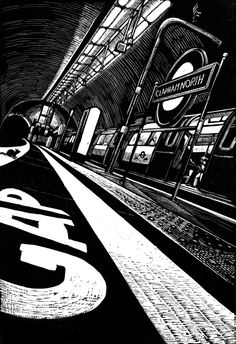 a black and white drawing of an underground train station with the number 25 on it