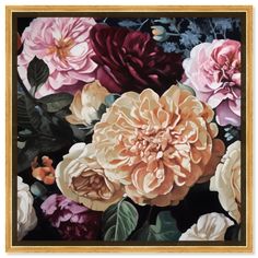 an oil painting of pink and red flowers with green leaves on a black background, framed in gold frame