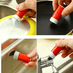 four pictures showing how to use a red and white spatula in a frying pan