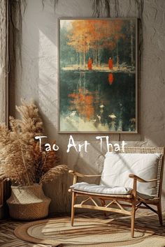 a chair sitting next to a potted plant in front of a painting on the wall