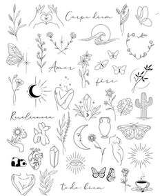 an image of tattoos with the words love and flowers on them, all drawn in black ink