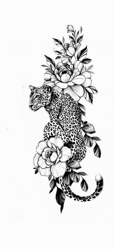 a black and white drawing of a leopard with flowers on it's back legs