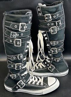 Thigh High Converse, Emo High-top Boots For Streetwear, Ugly Clothes, Grunge High-top Platform Boots For Halloween, High-top Emo Boots For Streetwear, Mall Goth Shoes, Knee High Converse Emo, Gothic Knee-high Boots For Streetwear, Emo Shoes