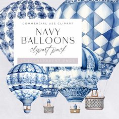 some blue and white hot air balloons with the words commercial use clipart navy balloons