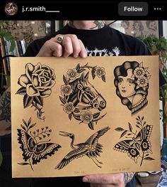 a person holding up a piece of paper with tattoos on it and flowers in the background