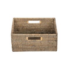 two wicker baskets with handles on white background