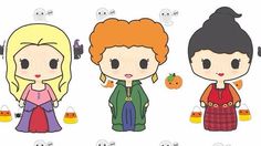 three paper dolls with different costumes and pumpkins