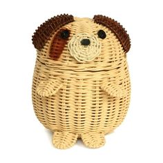 a wicker basket with a dog on it's head and eyes in the shape of an animal