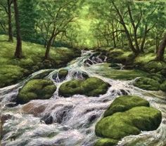 a painting of a river running through a forest filled with green grass and rocks, surrounded by trees