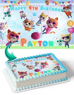 a birthday cake with an image of cats and balloons on it, including the name patton