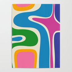 an abstract painting with multicolored lines and shapes on white paper, mounted on a wall