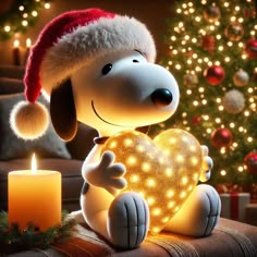 a snoopy dog holding a heart with a lit candle in front of christmas trees