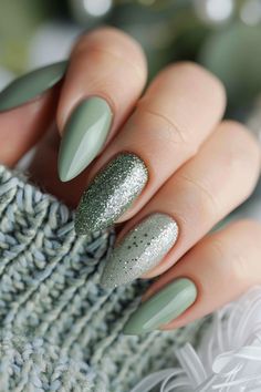 sage-green-nails-with-glitter Business Nails, November Nails, Nail Designs Glitter, Clear Nails, Xmas Nails, Fancy Nails, Chic Nails, Nail Polishes, Gorgeous Nails