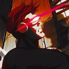 an anime character with red hair in front of a window, looking at the camera