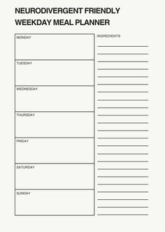 a printable weekly meal planner with the words,'neurodivergent friendly '