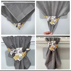 four pictures show how to tie a scarf with flowers on it, and then fold over the top