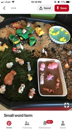 a tray filled with toys and food on top of a table