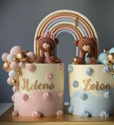 two cakes decorated with teddy bears and balloons