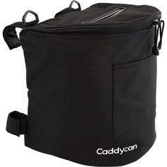 the caddycan bag has two zippers on it and is black with white logo