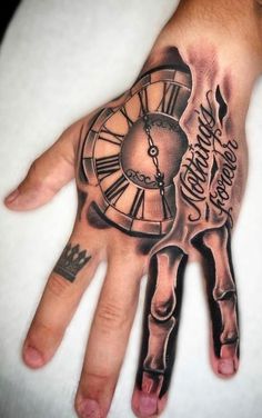 a man's hand with a clock tattoo on it