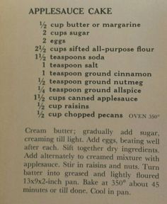 an old recipe book with instructions on how to make applesauce cake