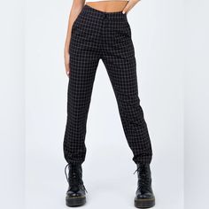 Check Pants High Waisted Fit Relaxed Leg Twin Hip Pockets Zip & Button Fastening Darting Seams Through Waist Unlined 100% Cotton Length Of Size Au 8 / Us 4 Waist To Hem: 37.7" Modern Gothic Fashion, Check Pants, Gingham Fashion, Pants High Waisted, New Pant, Black Dress Pants, Faux Leather Pants, Sleeved Romper, Long Sleeve Romper