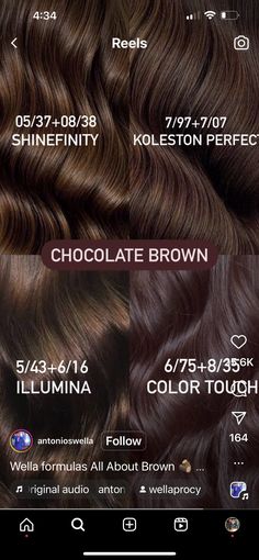 Rich Brown Hair Color Formula, Shades Eq Chocolate Brown Formula, Wella Shinefinity Formulas, Brown Hair Formulas, Chocolate Brown Hair Formula, Level 5 Brown Hair, Chocolate Brown Curly Hair