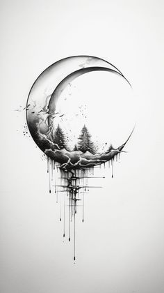 a drawing of a crescent with trees on it and dripping paint all over the moon