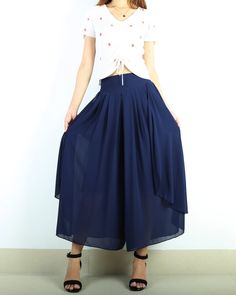 Casual Solid Chiffon Bottoms, Flowy Wide Leg Maxi Skirt, Casual High Waist Chiffon Bottoms, Casual Stretch Chiffon Bottoms, Casual Chiffon Bottoms With Elastic Waistband, Elegant Baggy Wide Leg Pants For Summer, Flowy Wide Leg Pants For Summer, Flowy Ankle-length Bottoms For Spring, Chiffon Stretch Bottoms In Solid Color