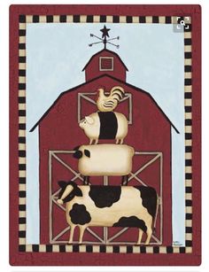 two cows and a cow in front of a red barn with black and white checkered border